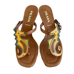 PRADA Leather Seahorse Sandals Kitten Heel Cognac Brown Green Yellow 5.5